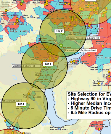 Site selection on a multiple radius map