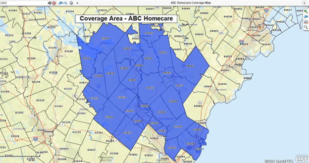 An example coverage area map by ZIP code