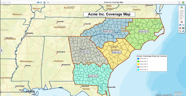 An example coverage area map by county