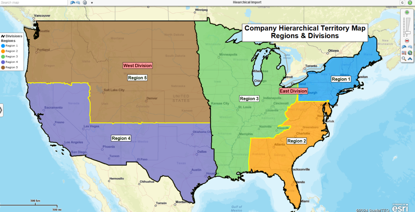 Hierarchical territory map with a focus on Regions & Divisions