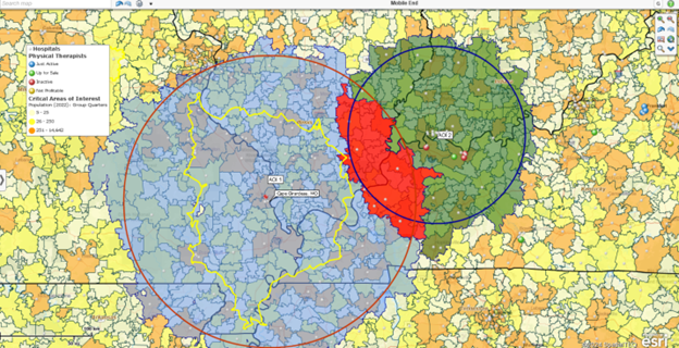 Reviewing physical therapy businesses & congregate homes for a region by radius search with overlap