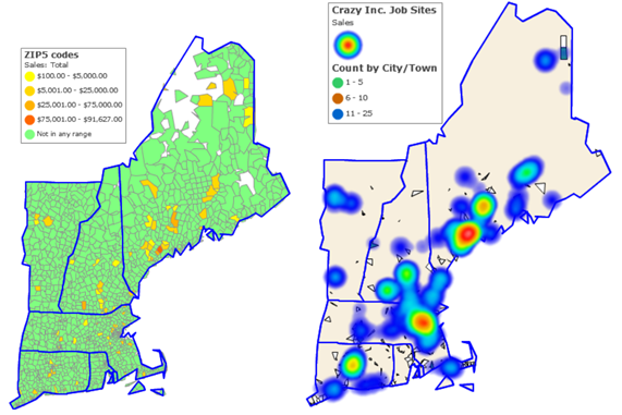 ZIP code-based heat map vs. point-based heat map using the same numeric data