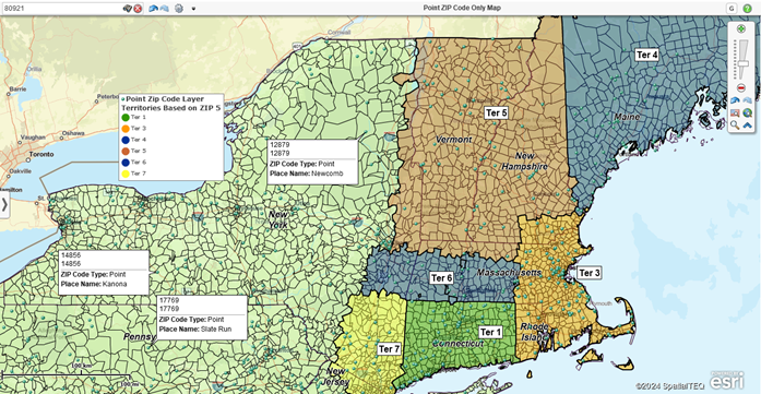 ZIP5 boundaries and Point ZIP Codes on a territory map