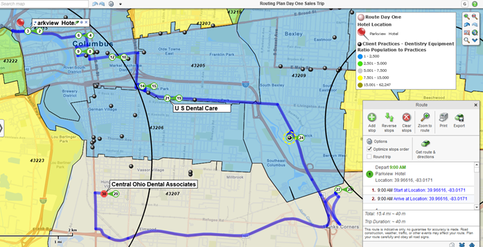 Sales route plan with turn-by-turn directions, time windows support, and business listings search results