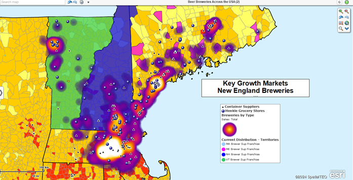 Business map addressing brewery sales growth in New England for container suppliers