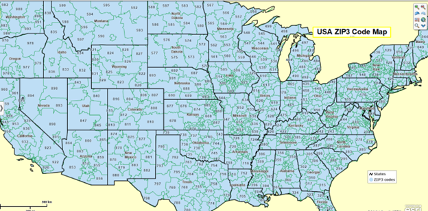 A contiguous nation-wide US 3 Digit ZIP Code Map using ZIP3s