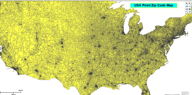 USA wide Point ZIP Codes overlaid on a Boundary ZIP5 Code map