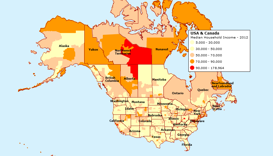 USA Canada Median Household Income Map MapBusinessOnline