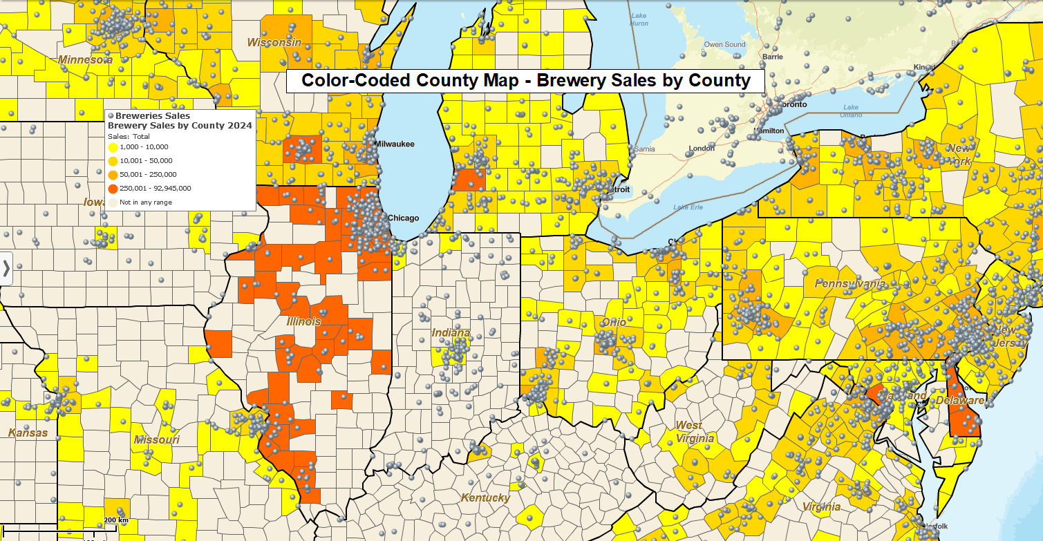 County map color-coded by brewery sales