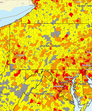 Population map Mid Atlantic states by ZIP code