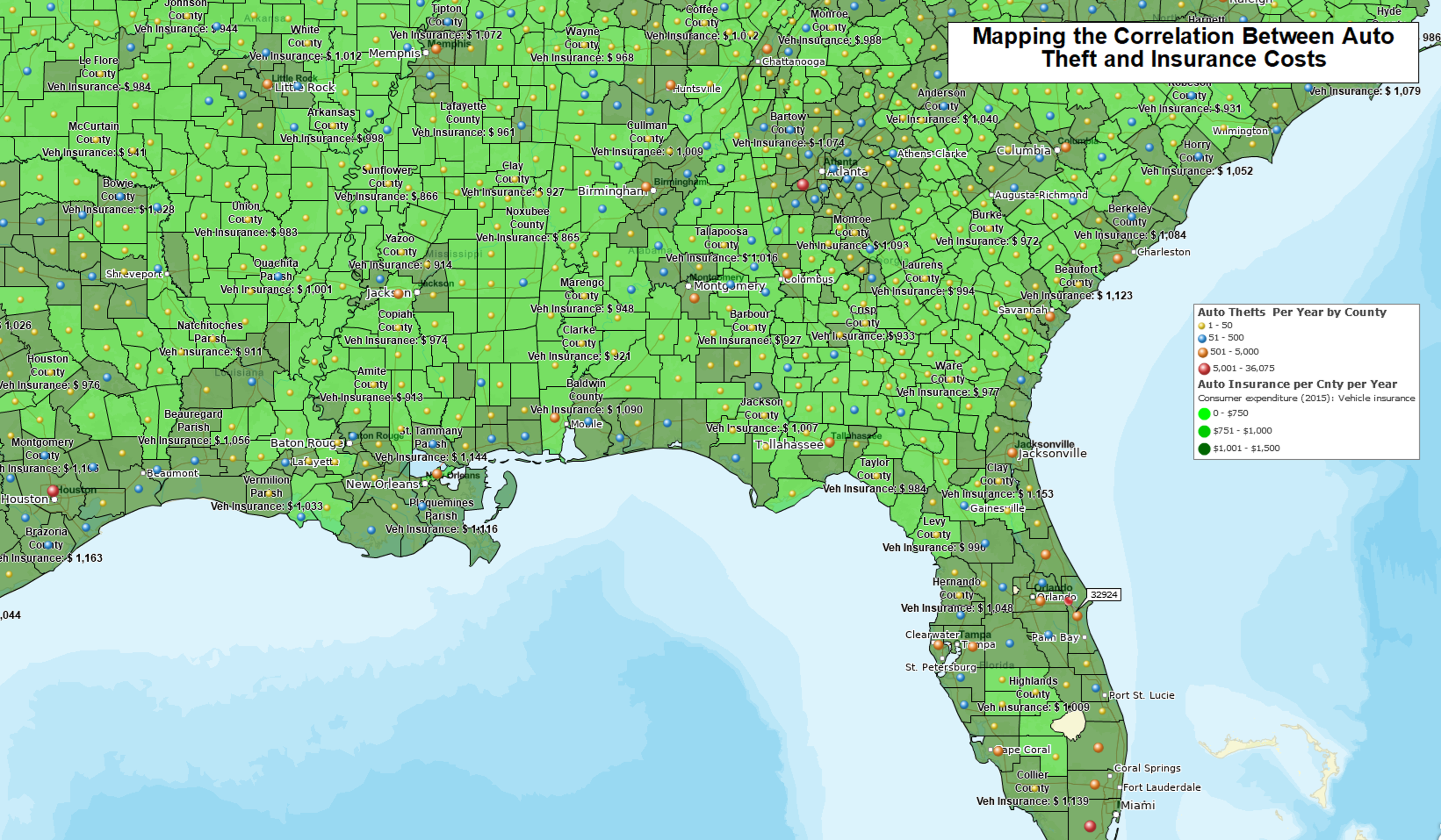 Correlation between auto theft and insurance costs map