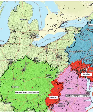 Drive-time territories showing overlap
