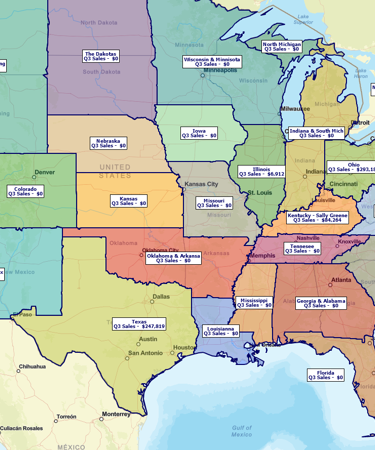 Color-coded sales territory map