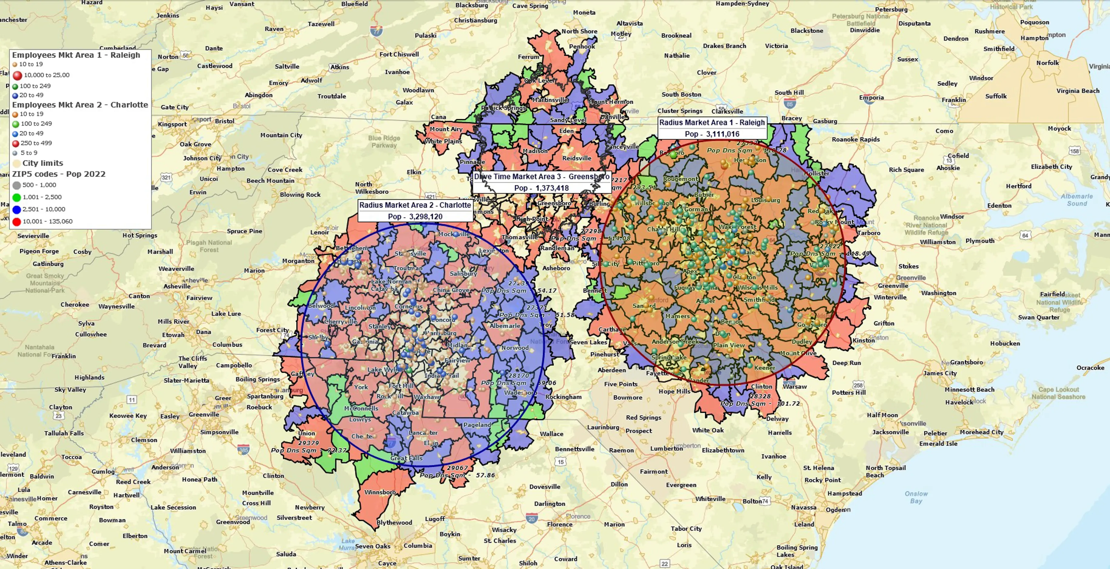 Color-coded radius and drive-time map by population