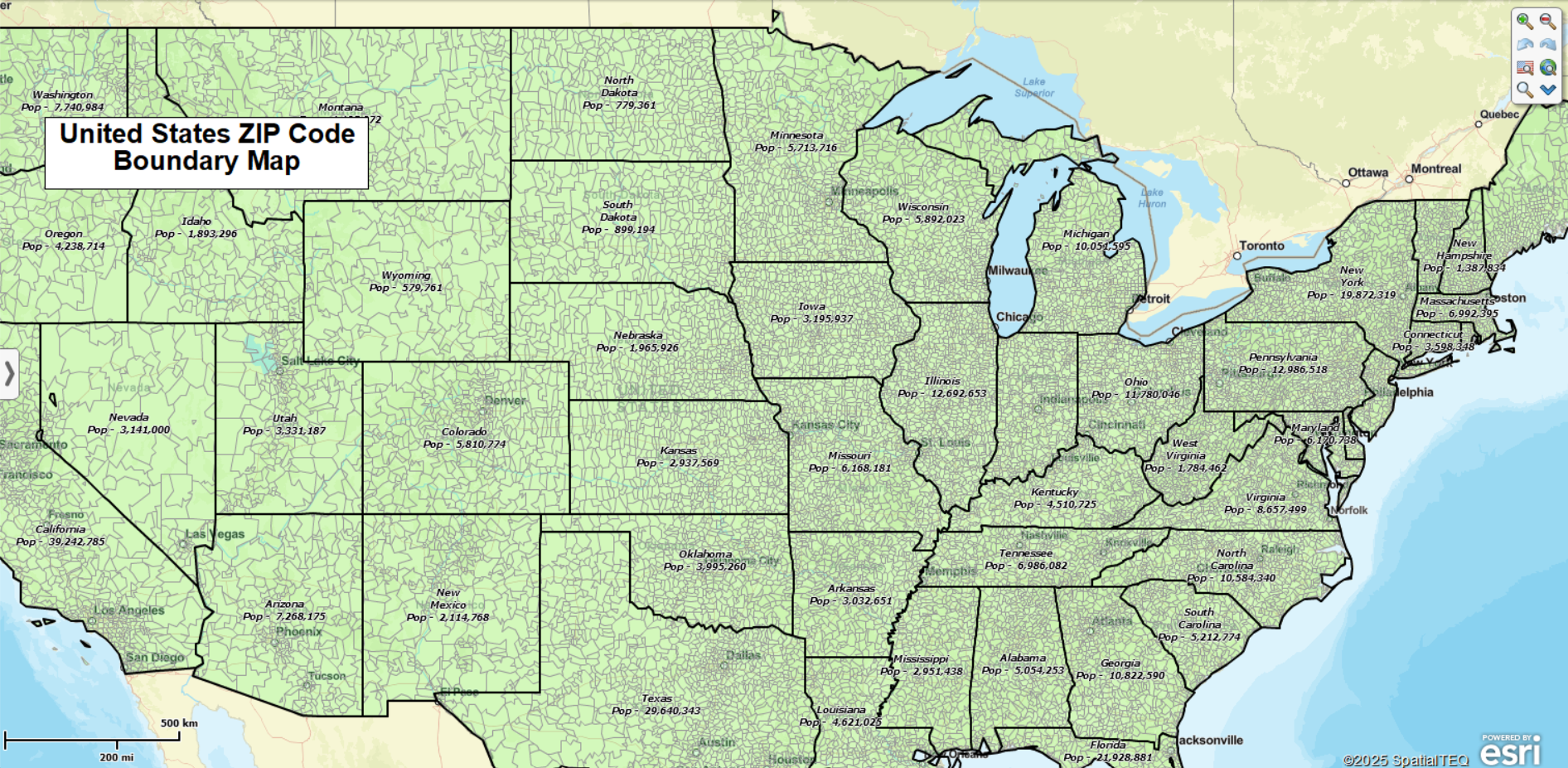 USA ZIP5 code map with population by state