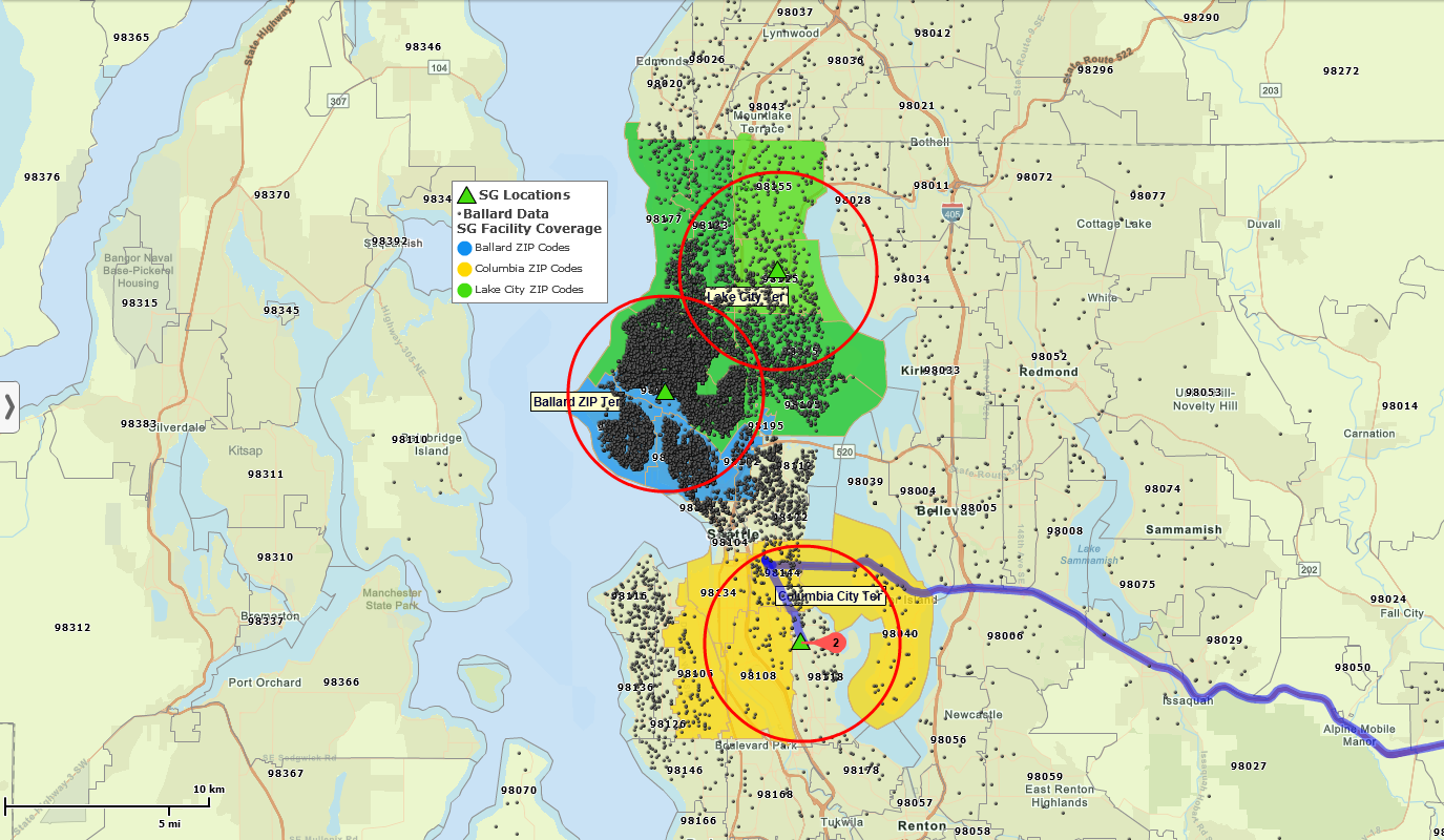 Seattle area map visualizing current customers