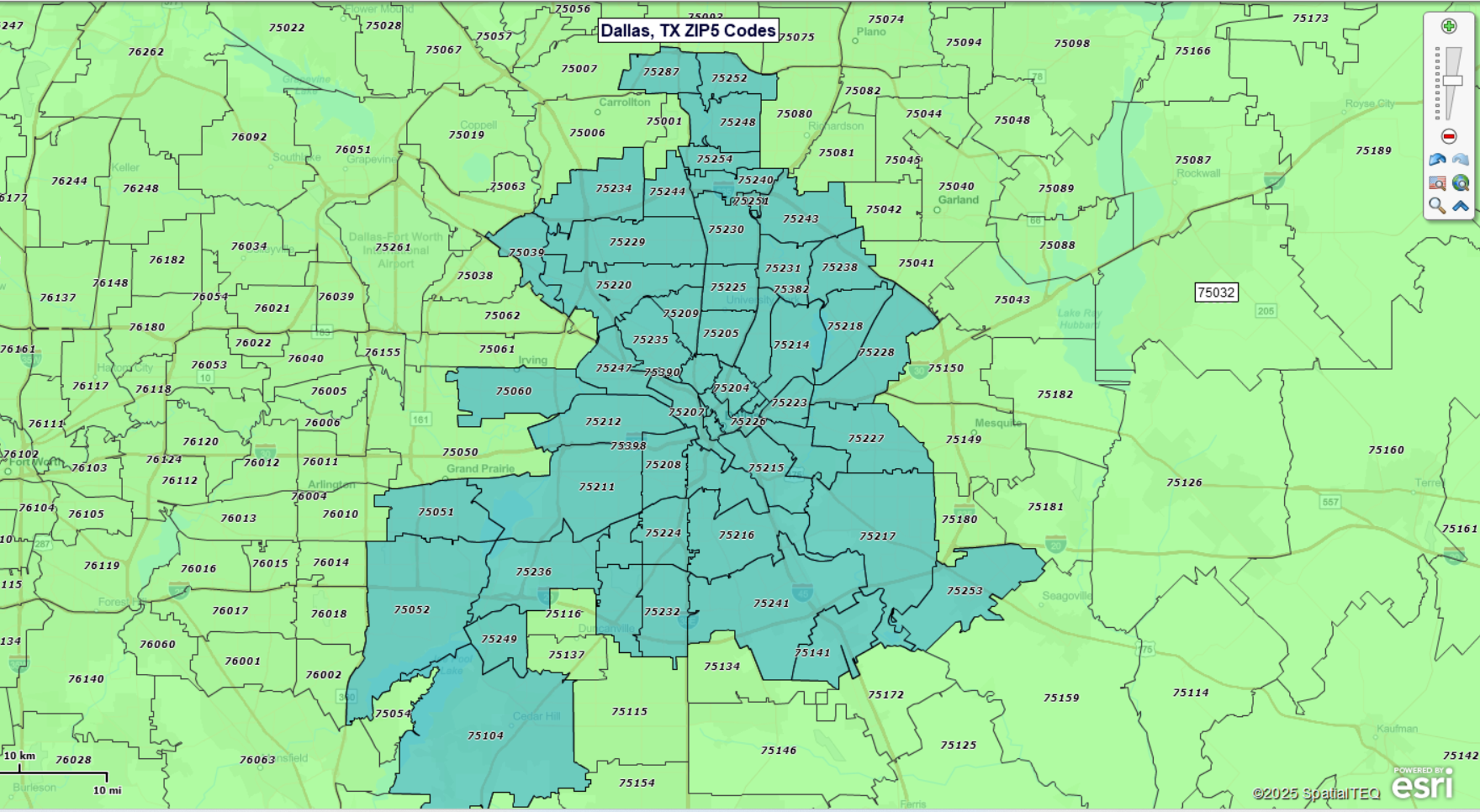 Dallas TX ZIP5 code map