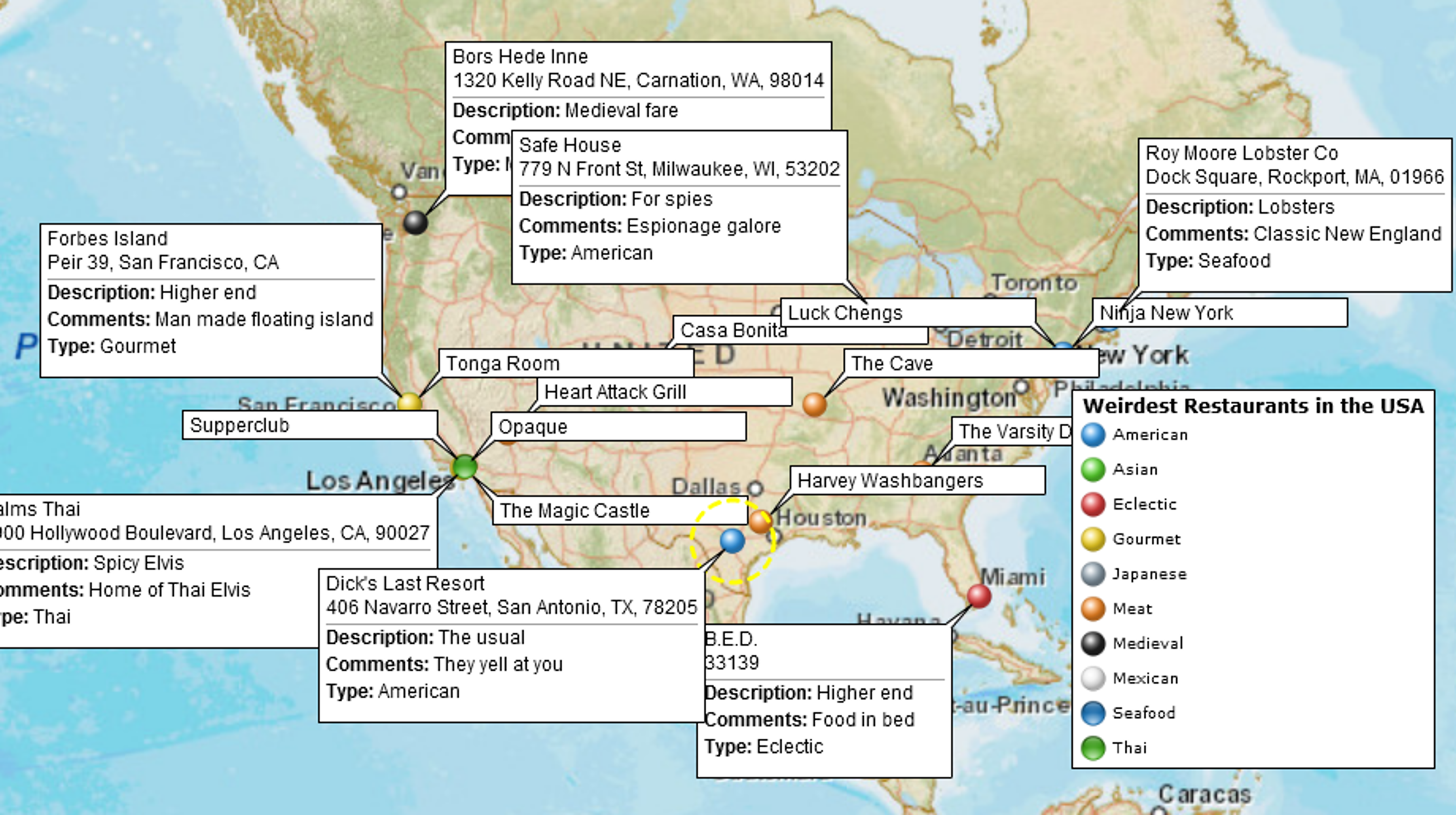 Map of unusual restaurants in the US