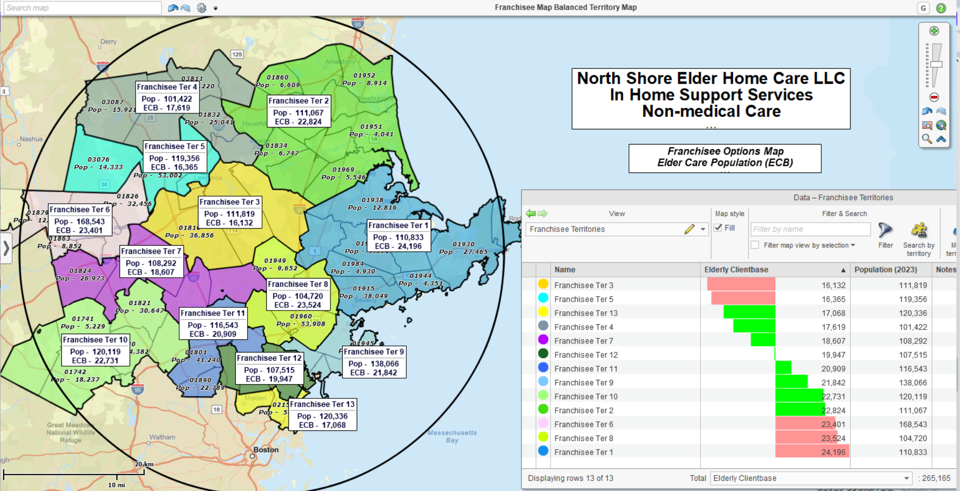 Franchise sales territory map balanced by sales