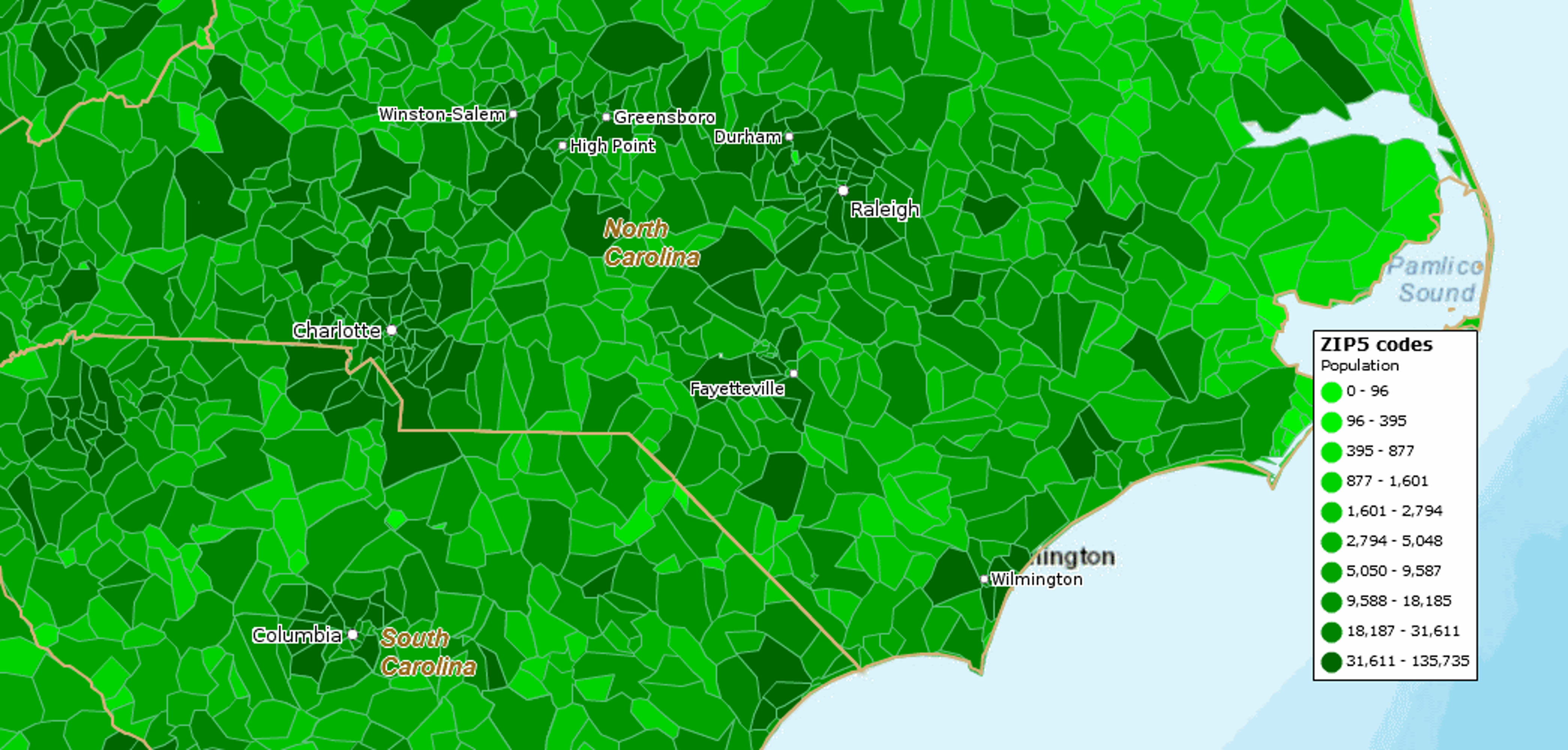Demographic ZIP code map color-coded by population
