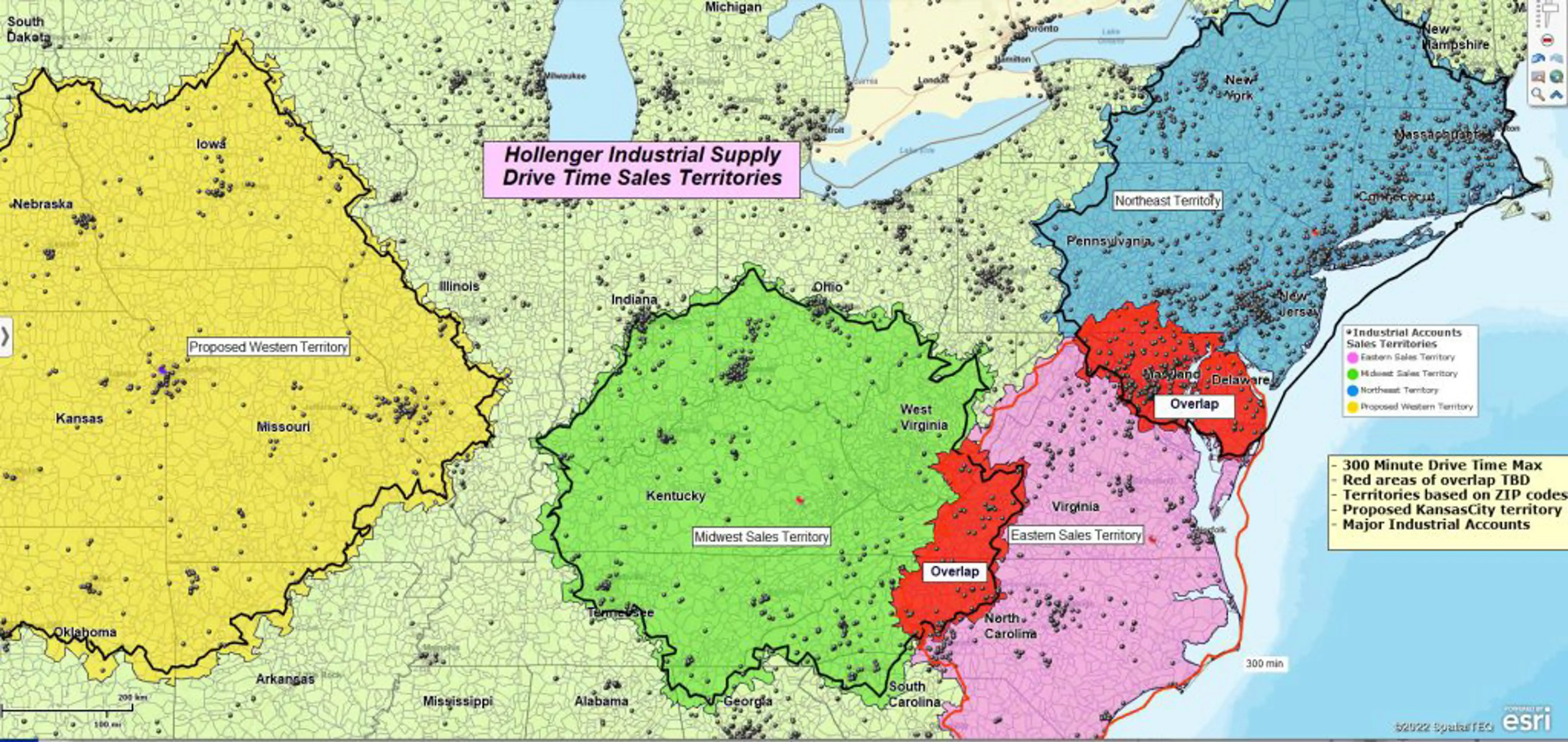 Drive-time territory map with overlaps