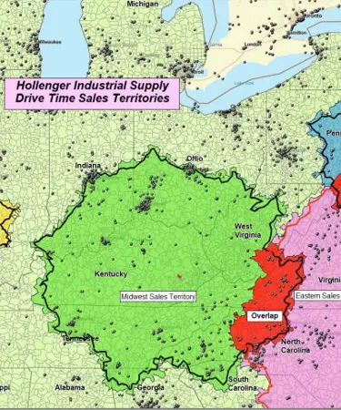 Drive-time sales territories with overlap highlighted