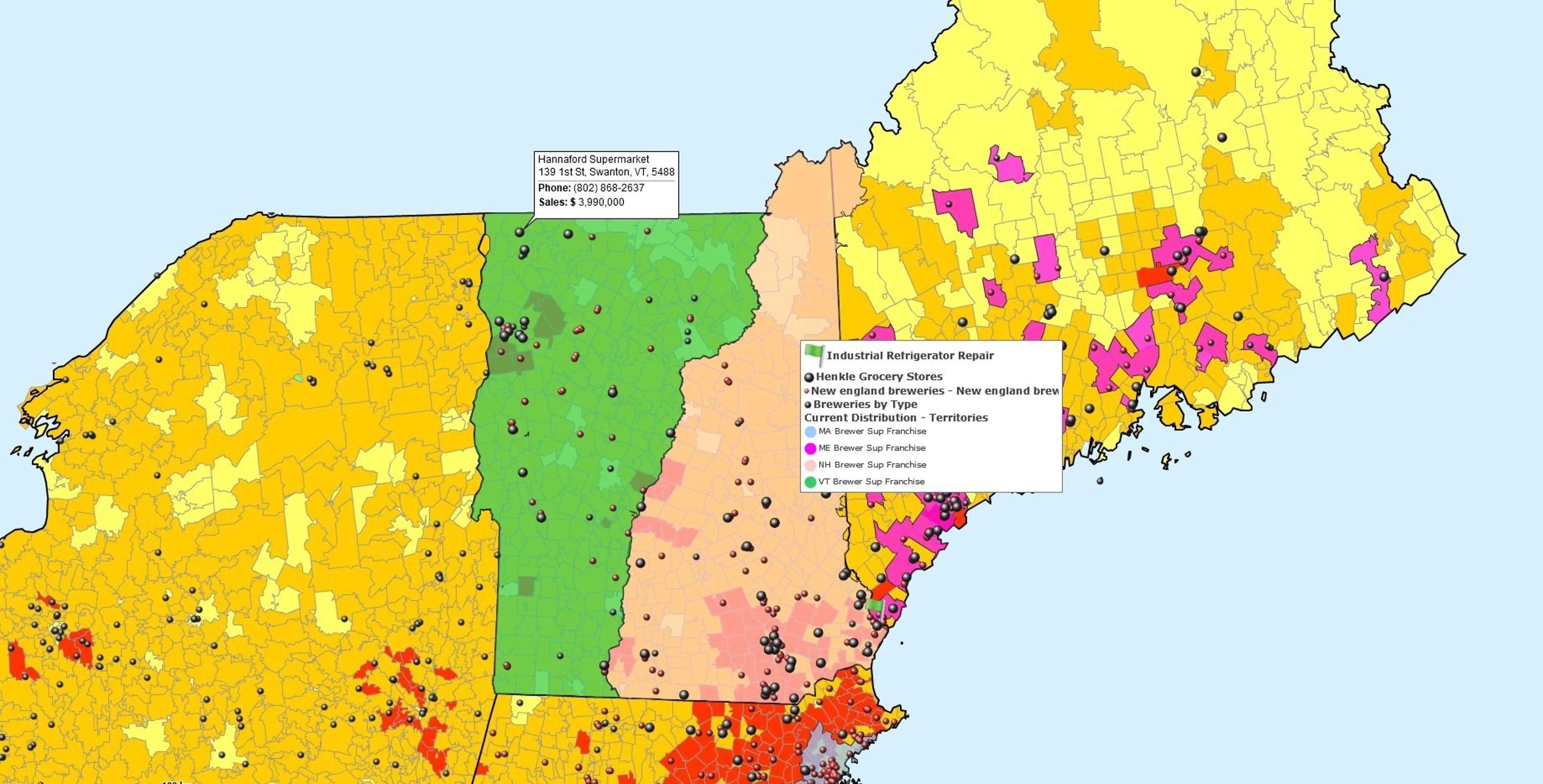Sales territory map with customer locations overlaid