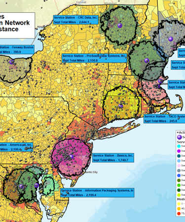 Service station network with drive-time based coverage areas on a ZIP code map
