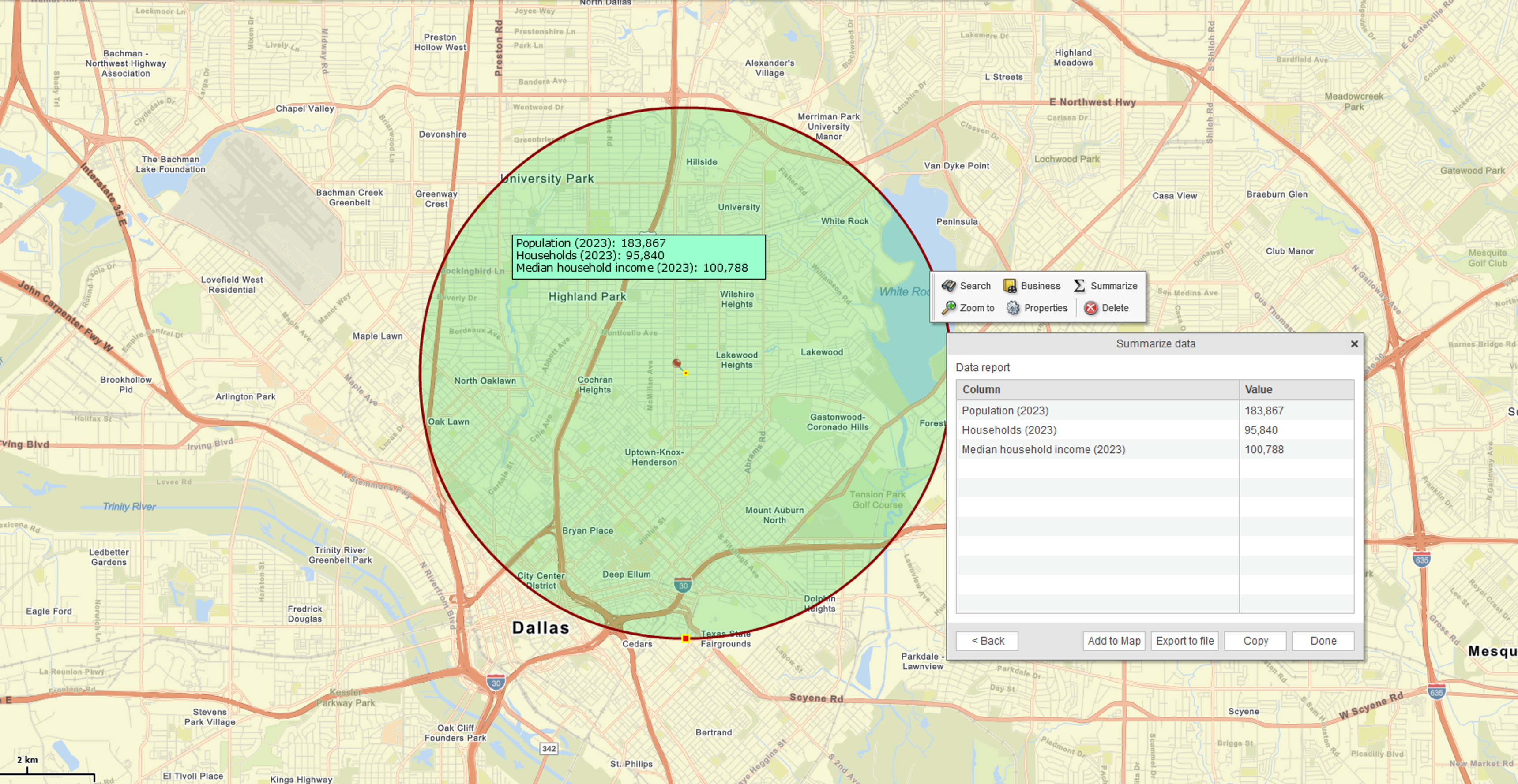 Population, households and median income report in a radius